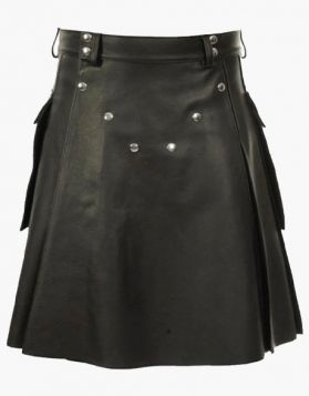 Mens Fashion Black Leather Kilt with Large Pockets - Front Image