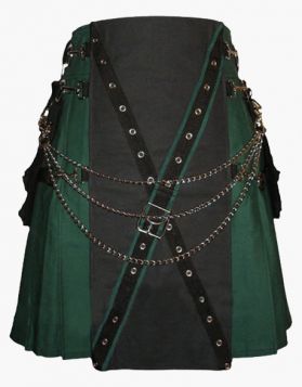 Mens Gothic Black and Green Utility Kilt with Chains - Front Image