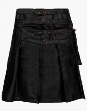 Mens Gothic Black Pleated Leather Kilt - Front Image 
