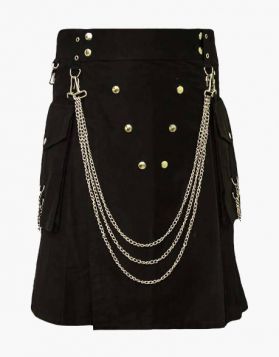  Men's Gothic Black Utility Kilt with Silver Chains- Front Image