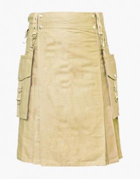 Men's Khaki Utility Kilt with Detachable Pockets- Front Image