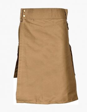 Mens Khaki Utility Kilt with Double Pockets - Front Image 