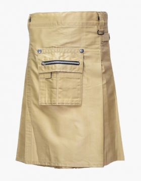 Men's Khaki Utility Kilt with Front Pocket- Front Image