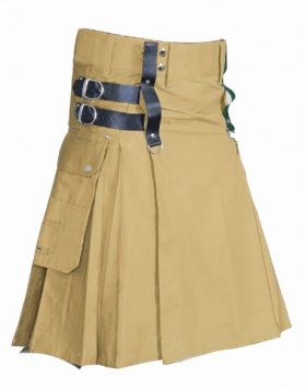 Khaki Utility Kilt with Front Leather Straps - Front Image