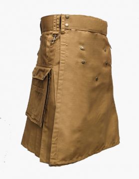 Mens Khaki Utility Kilt with Slant and Flap Pockets - Front Image 
