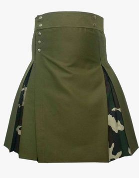 Men's Olive Green with Woodland Camo Hybrid Kilt- Front Image