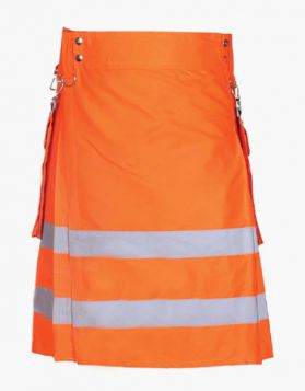 Mens Orange Firefighter Kilt with Grey Reflector Tape - Front Image 