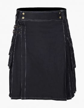 Men's Plain Black Utility Kilt with White Thread - Front Image