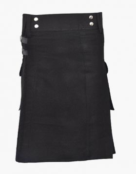 Mens Solid Black Tartan Utility Kilt with Pockets