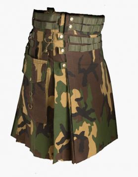Mens Woodland Camo Tactical Kilt with Detachable Pockets - Front Image 