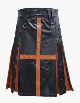 Modern Black and Brown Leather Kilt - Front Image