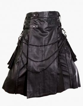 Modern Black Leather Gothic Kilt with Chains - Front Image