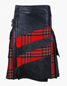 Modern Black Leather Hybrid Kilt with Royal Stewart Pleats - Front Image 