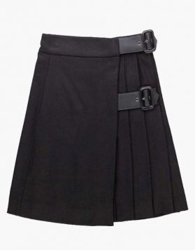 Modern Black Short Kilt with Leather Straps- Front Image