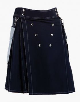 Modern Black Utility Kilt with Detachable White Pockets - Front Image 