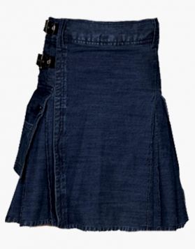 Modern Indigo Denim Kilt with Leather Straps - Front Image 