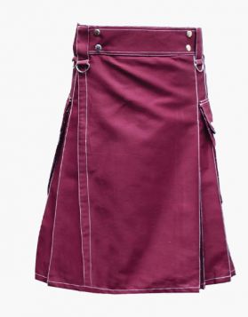 Modern Maroon Utility Kilt with White Outer Thread - Front Image 