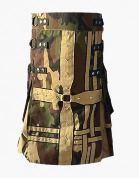 Modern Woodland Camo with Khaki Gothic Hybrid Kilt  - Front Image