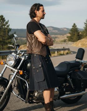 Modern Black Denim Kilt with Red Outer Thread