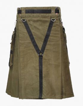 Olive Green Utility Kilt with Detachable Pockets- Front Image