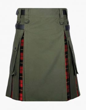 Olive Green with Wallace Tartan Hybrid Kilt- Front Image