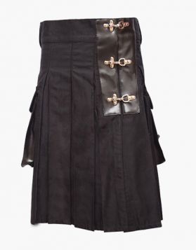 Pleated Black Cotton Utility Kilt with Leather Belts