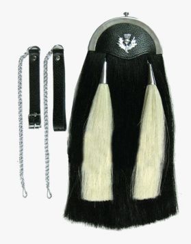 Real Black Horse Hair Kilt Sporran with Thistle Badge- Front Image
