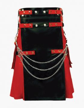 Red and Black Gothic Leather Kilt- Front Image