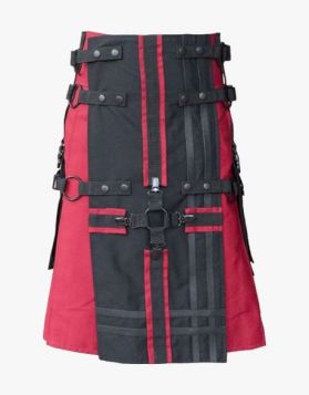Red and Black Gothic Utility Kilt with Cross Straps - Front Image