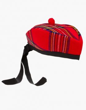 Royal Stewart Tartan Hat with Black Bow Tie and Ribbons- Front Image