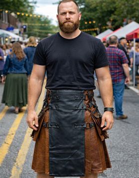 Scottish Brown and Black Leather Gothic Kilt - Front Image