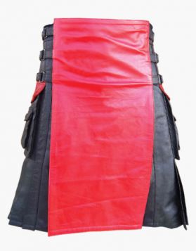 Stylish Black and Red Changeable Apron Leather Kilt - Front Image 