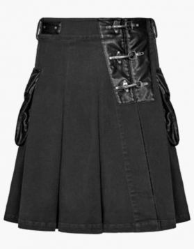 Stylish Black Denim Kilt with Leather Pockets 