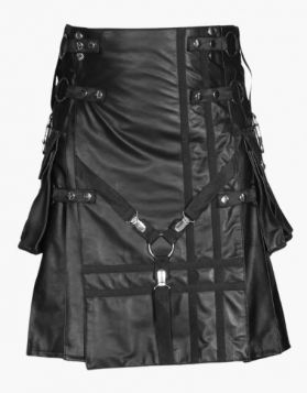 Men's Black Leather Kilt- Front Image