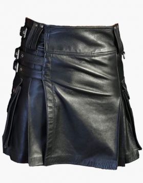 Stylish Black Leather Kilt with Cargo Pockets - Front Image