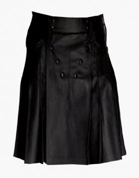 Stylish Black Leather Kilt with Multiple Pockets- Front Image 