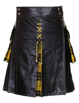Stylish Black Leather with Macleod of Lewis Hybrid Kilt - Front Image 