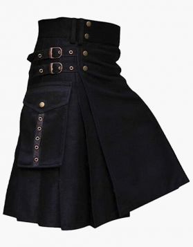 Stylish Black Utility Kilt with Cargo Pockets - Front Image