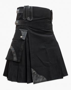 Stylish Black Utility Kilt with Leather Design 