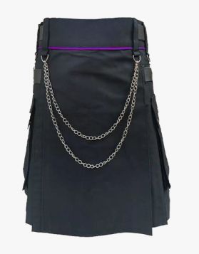 Stylish Black Utility Kilt with Purple Piping and Chains 