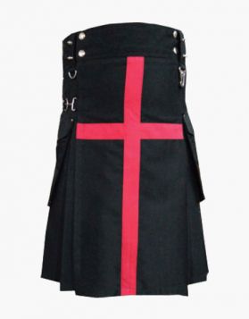 Stylish Black Utility Kilt with Red Cross Strap- Front Image