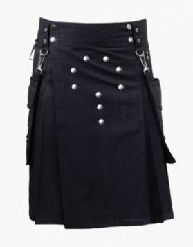 Stylish Black Utility Kilt with Studded Apron- Front Image