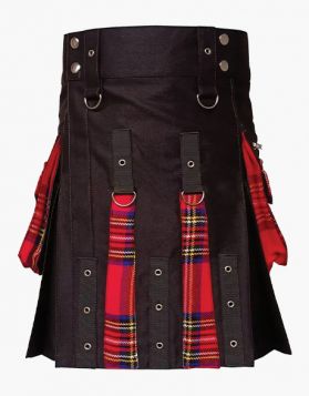 Stylish Black with Royal Stewart Tartan Hybrid Kilt- Front Image