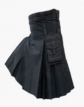 Stylish Black Utility Kilt with Fastening Straps  - Front Image 