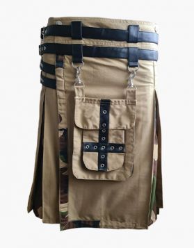 Stylish Khaki with Army Camo Hybrid Kilt with Leather Belt