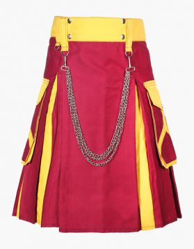 Stylish Maroon and Yellow Hybrid Kilt with Chains - Front Image 