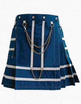 Stylish Navy Blue Mini Kilt with Pockets and Chains- Front Image