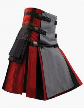 Stylish Red and Black Hybrid Kilt with Detachable Grey Apron - Front Image