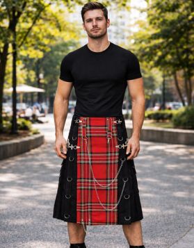  Stylish Black Gothic Kilt with Royal Stewart Apron- Front Image