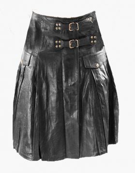 Traditional Black Leather Kilt with Front Straps 